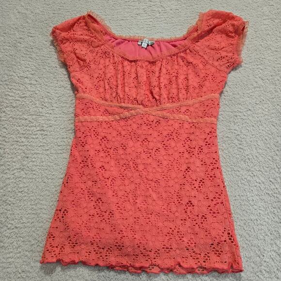 Moa Moa Babydoll Y2K Milkmaid Lace Top Cap Sleeves Peach Size S USA made - Picture 1 of 10
